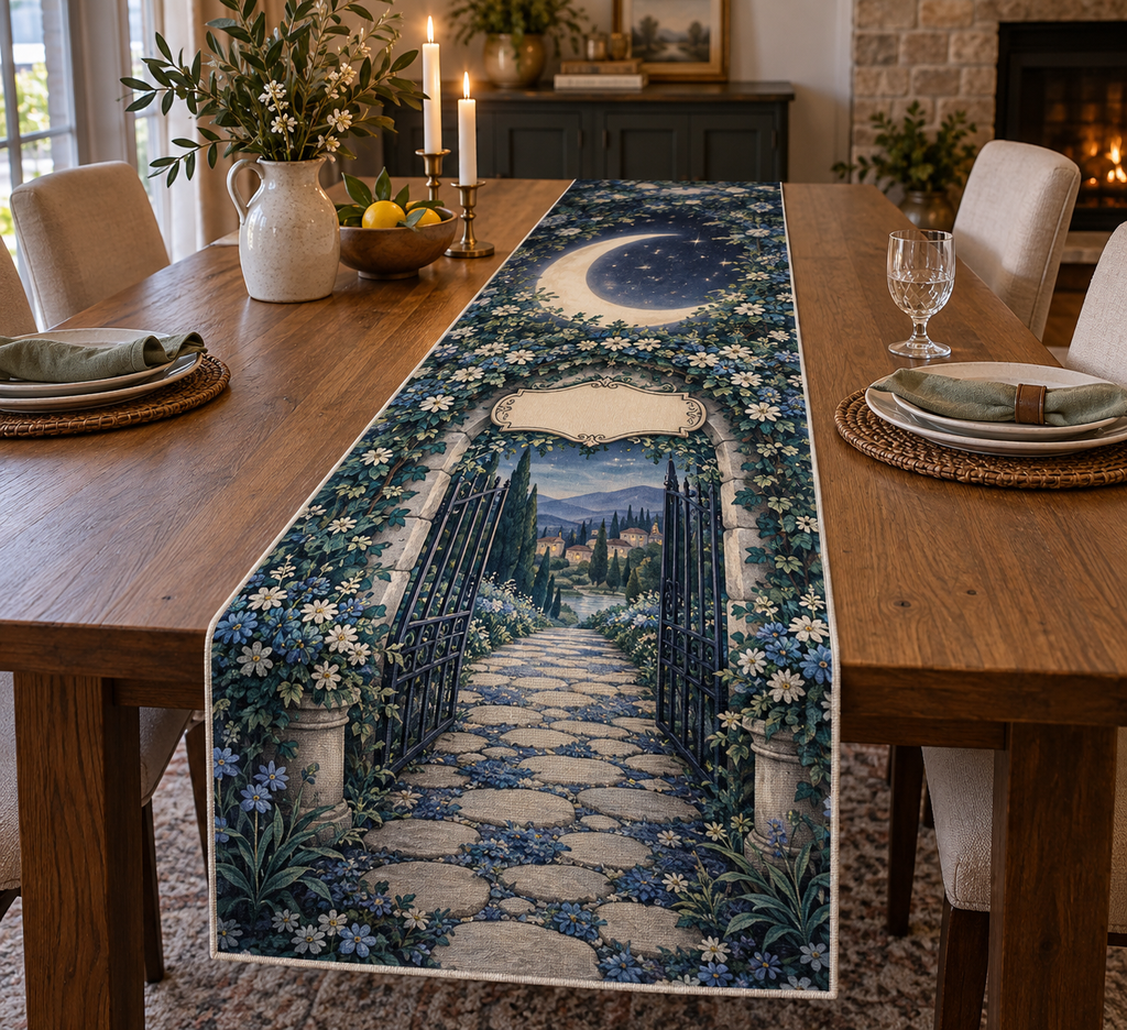 Moon Garden Gate Housewarming Table Runner with flat printed optical 3D silver crescent, teal ivy gate and indigo garden path