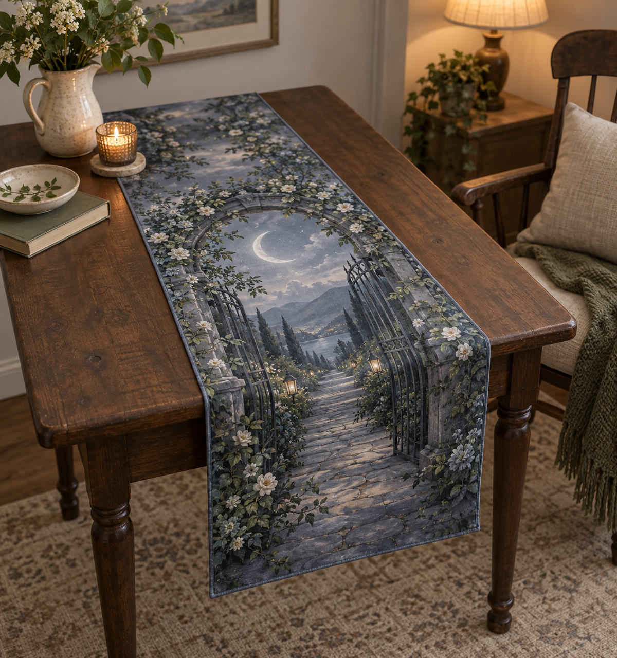 Moon Garden Gate Quiet Corner Table Runner with flat printed optical 3D misty moon, sage ivy arch and slate-blue garden path