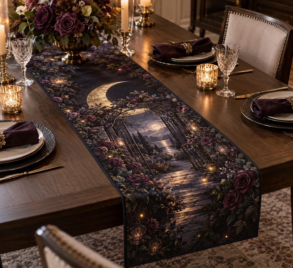 Moon Garden Gate Birthday Table Runner with flat printed optical 3D copper moon, plum flowers and indigo garden path