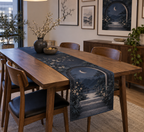Moon Garden Gate Gallery Table Runner with flat printed optical 3D crescent moon, indigo garden gate and receding path