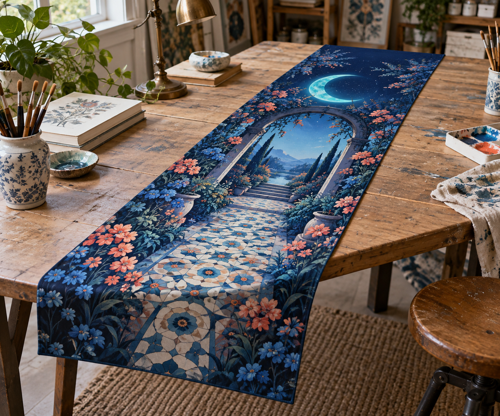 Moon Garden Gate Studio Table Runner with flat printed optical 3D teal crescent, cobalt floral gate and receding mosaic path