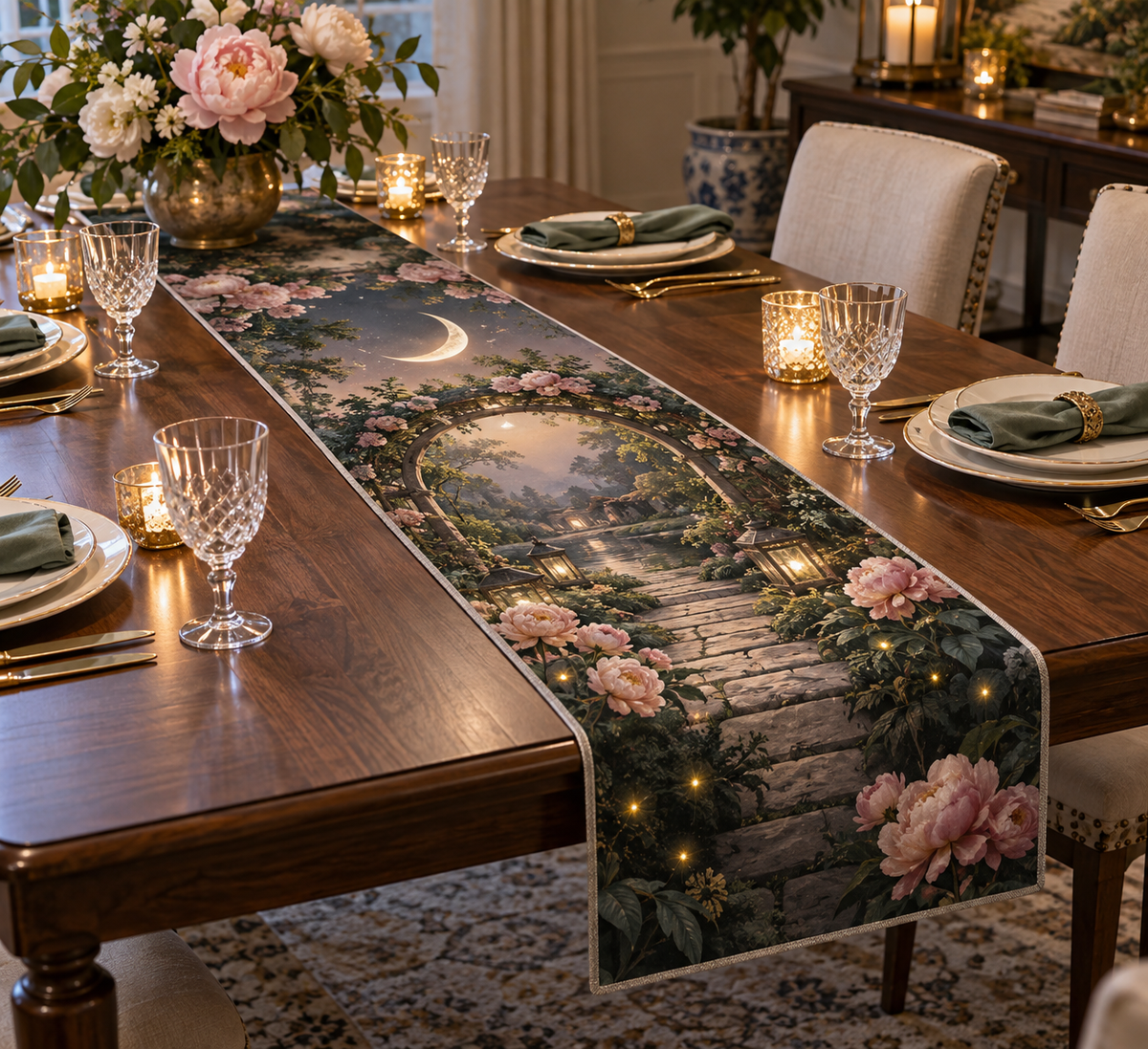 Moon Garden Gate Host Gift Table Runner with flat printed optical 3D champagne crescent, emerald floral gate and receding garden path