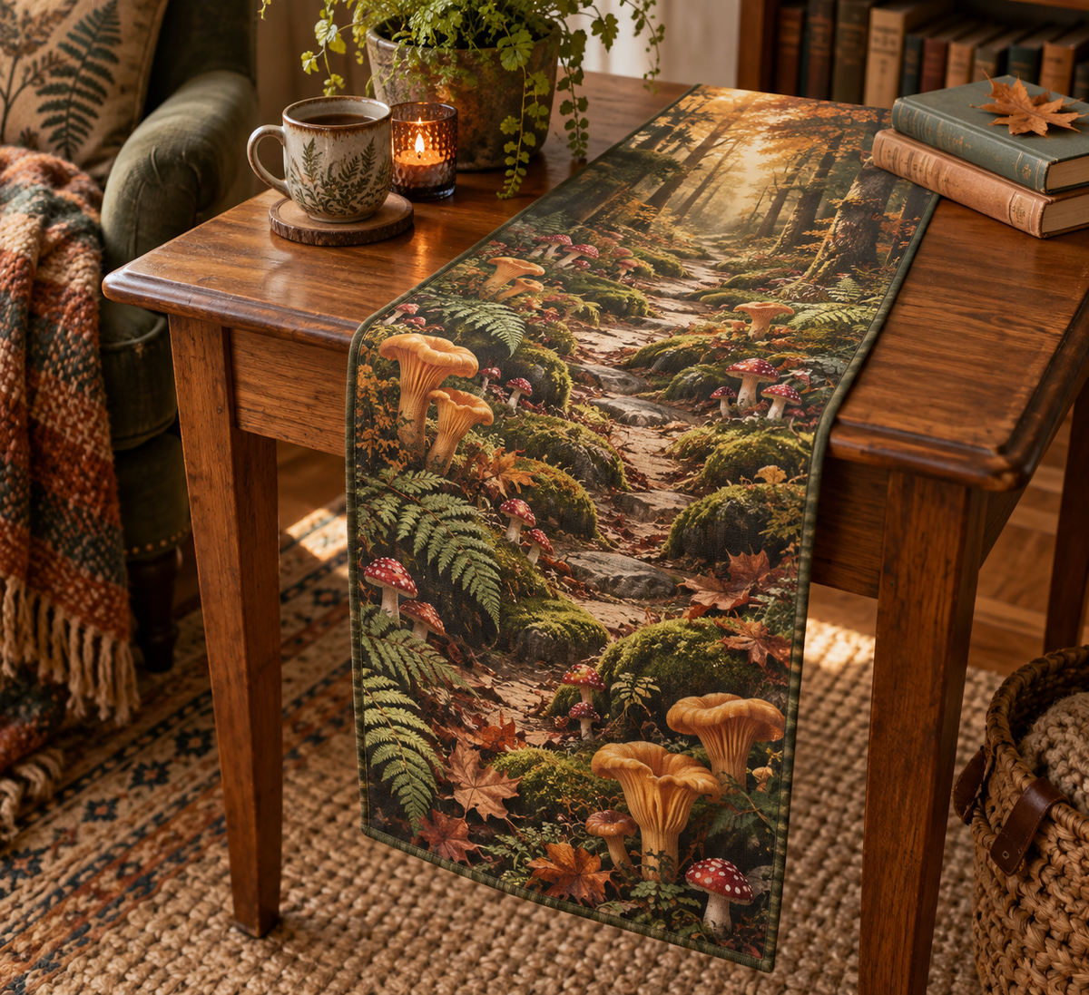 Woodland Mushroom Reading Nook Table Runner with flat printed optical 3D woodland mushrooms, ferns and receding forest path