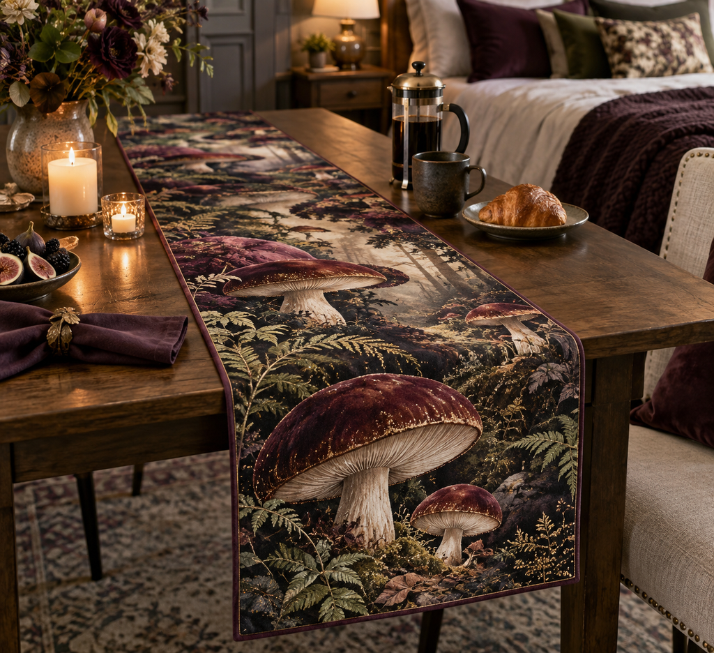 Woodland Mushroom Bedroom Table Runner with flat printed optical 3D burgundy mushrooms, dark ferns and receding forest path