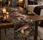 Woodland Mushroom Bedroom Table Runner with flat printed optical 3D burgundy mushrooms, dark ferns and receding forest path