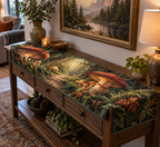 Woodland Mushroom Grotto Table Runner with flat printed optical 3D mushroom grotto, emerald ferns and receding forest trail