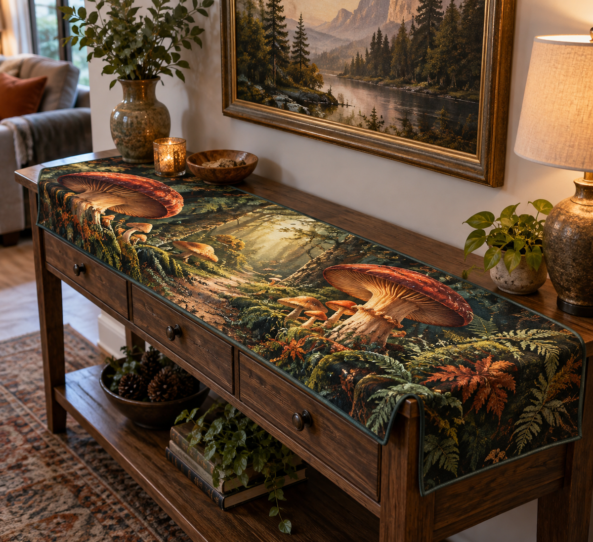 Woodland Mushroom Grotto Table Runner with flat printed optical 3D mushroom grotto, emerald ferns and receding forest trail