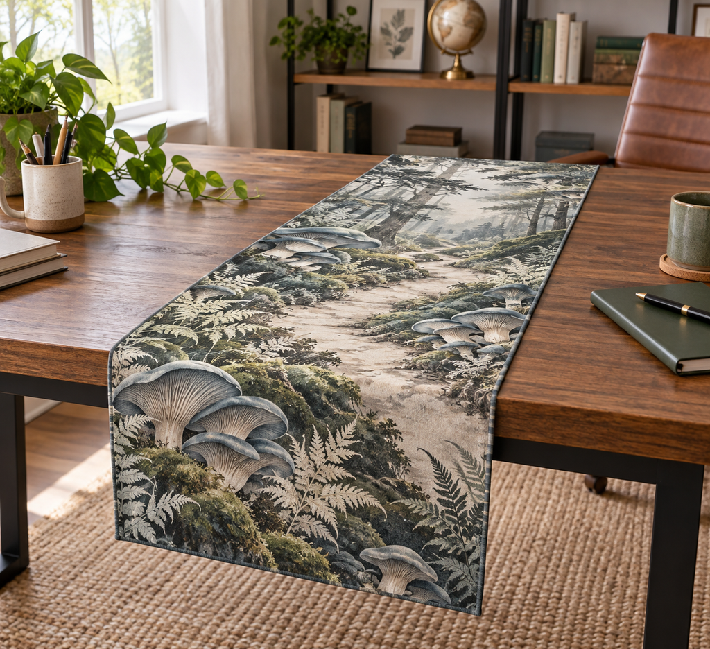Woodland Mushroom Office Table Runner with flat printed optical 3D smoky-blue oyster mushrooms, sage ferns and forest path