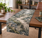 Woodland Mushroom Office Table Runner with flat printed optical 3D smoky-blue oyster mushrooms, sage ferns and forest path