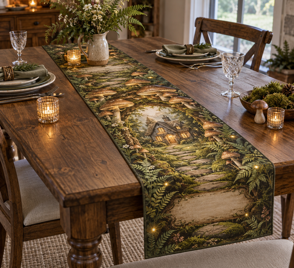 Woodland Mushroom Housewarming Table Runner with flat printed optical 3D honey mushrooms, sage ferns and cottage path; customer family name added after ordering