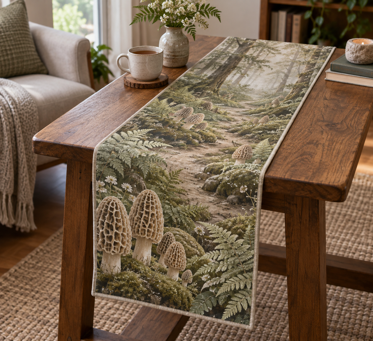 Woodland Mushroom Quiet Corner Table Runner with flat printed optical 3D ivory morels, sage ferns and misty forest path