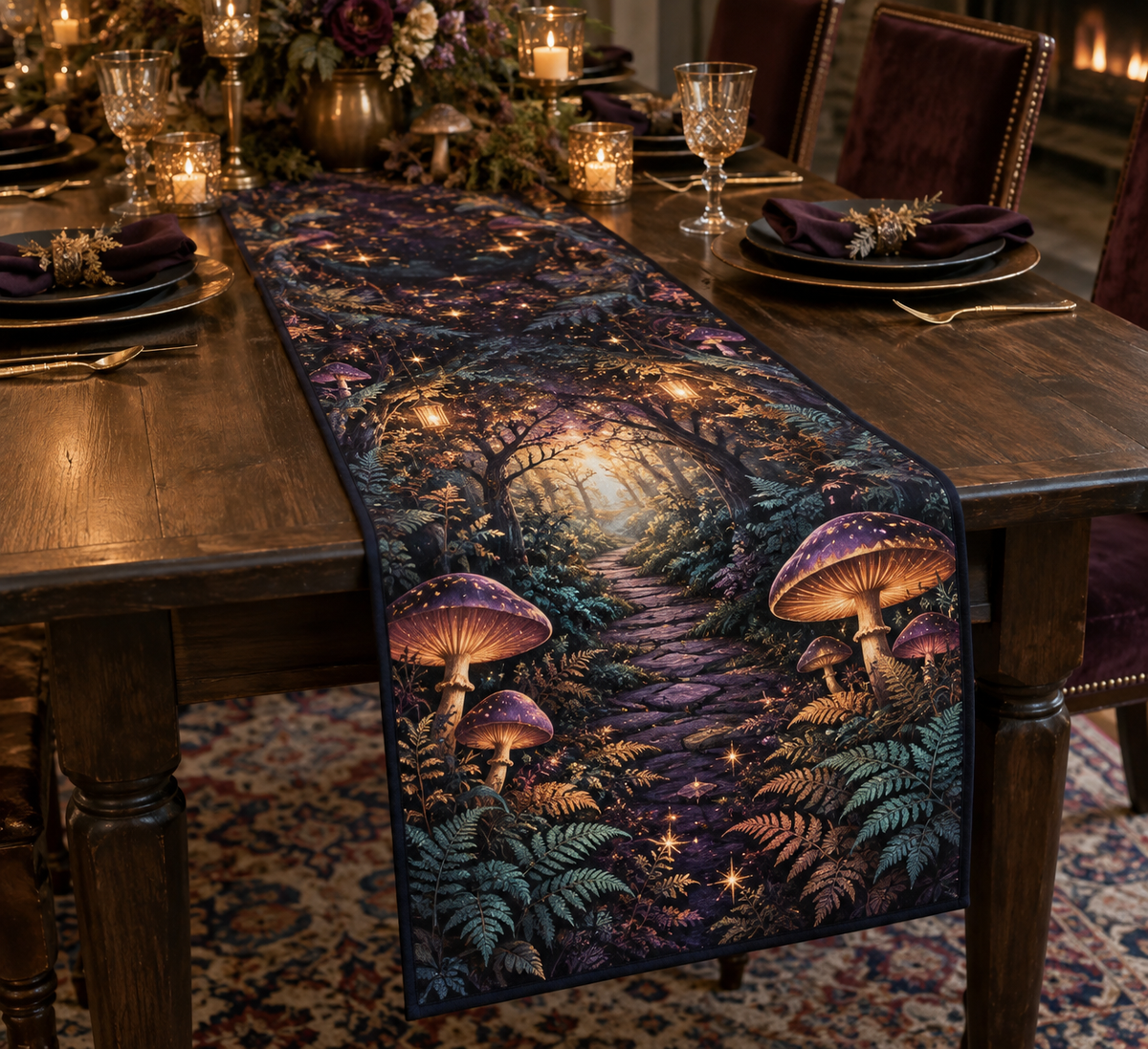 Woodland Mushroom Birthday Table Runner with flat printed optical 3D violet and copper mushrooms, teal ferns and forest path