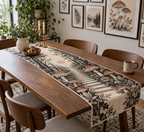 Woodland Mushroom Gallery Table Runner with flat printed optical 3D terracotta mushrooms, charcoal ferns and geometric forest path