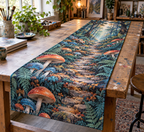 Woodland Mushroom Studio Table Runner with flat printed optical 3D cobalt and coral mushrooms, teal ferns and mosaic forest path