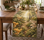 Woodland Mushroom Host Gift Table Runner with flat printed optical 3D golden mushrooms, sage ferns and sunlit forest path