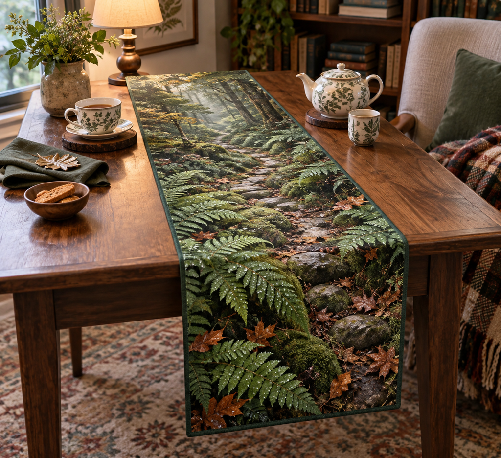 Fern Forest Floor Reading Nook Table Runner with flat printed optical 3D emerald ferns, copper leaves and receding moss trail