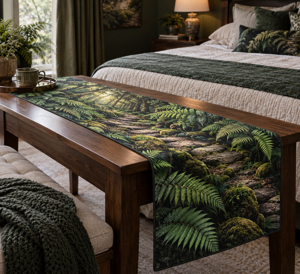 Fern Forest Floor Bedroom Table Runner with flat printed optical 3D deep emerald ferns, copper leaves and mossy forest trail