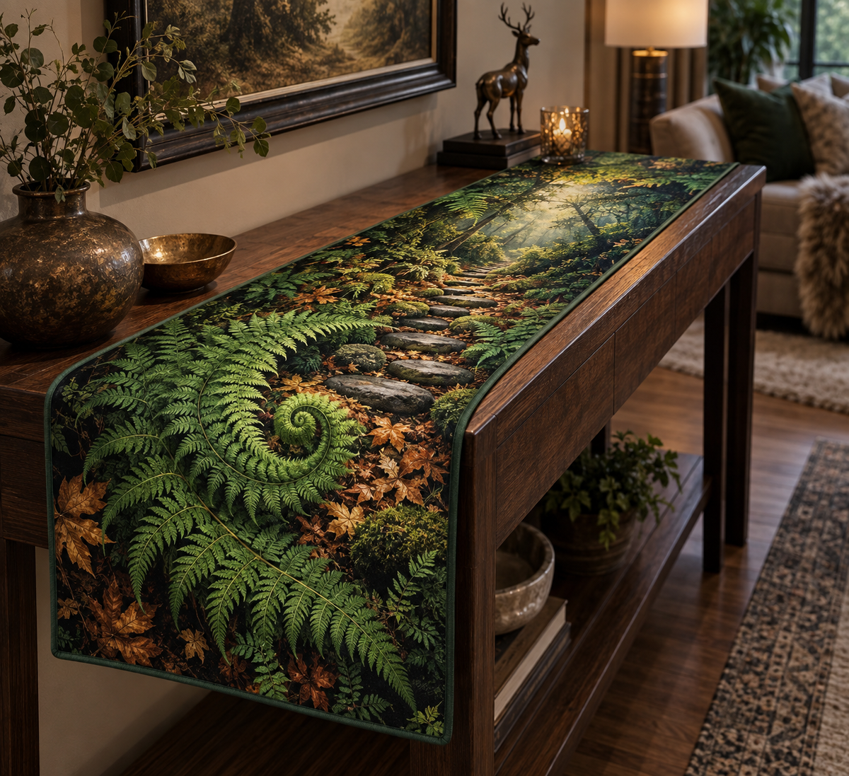 Fern Forest Floor Living Room Table Runner with flat printed optical 3D luminous emerald fern spiral, copper leaves and stepping-stone path