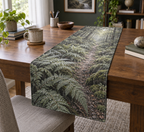 Fern Forest Floor Office Table Runner with flat printed optical 3D smoky sage ferns, lichen stones and receding woodland trail