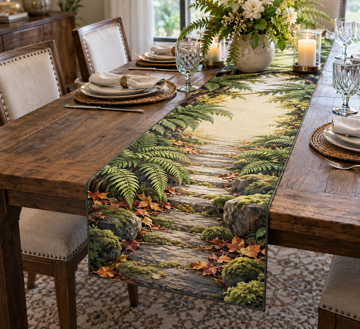Fern Forest Floor Housewarming Table Runner with flat printed optical 3D emerald ferns, copper leaves and homeward path; customer family name added after ordering