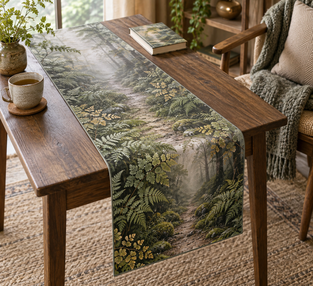 Fern Forest Floor Quiet Corner Table Runner with flat printed optical 3D pale sage maidenhair ferns, ivory pebbles and misty forest path
