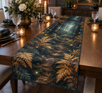 Fern Forest Floor Birthday Table Runner with flat printed optical 3D copper-gold ferns, teal moss and violet forest path