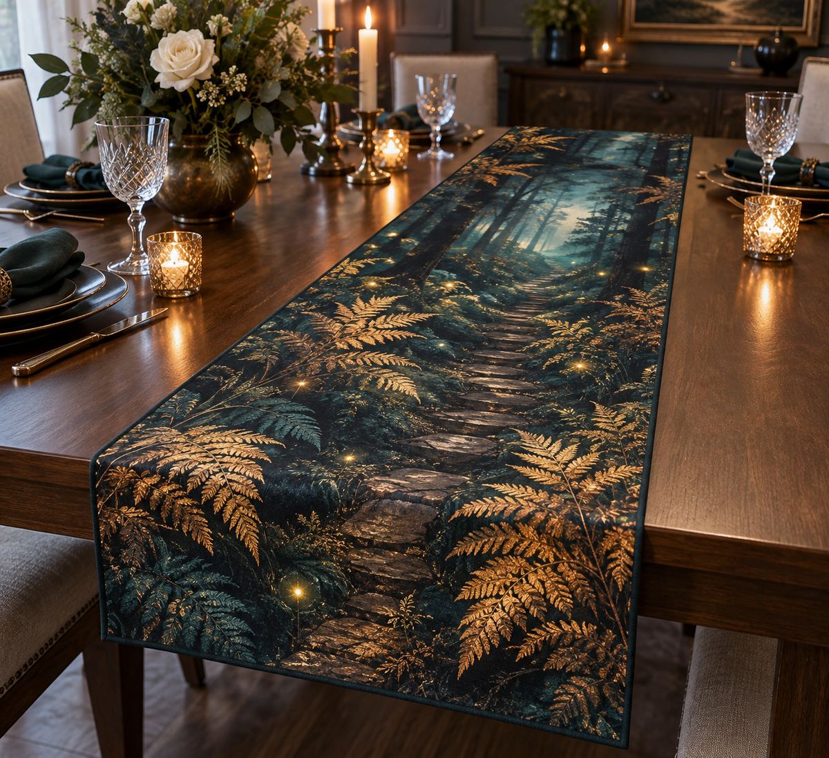 Fern Forest Floor Birthday Table Runner with flat printed optical 3D copper-gold ferns, teal moss and violet forest path