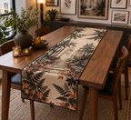 Fern Forest Floor Gallery Table Runner with flat printed optical 3D charcoal ferns, terracotta leaves and geometric woodland path
