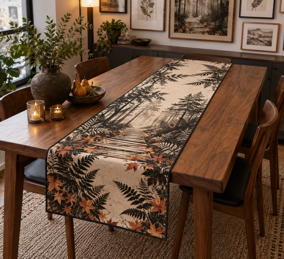 Fern Forest Floor Gallery Table Runner with flat printed optical 3D charcoal ferns, terracotta leaves and geometric woodland path