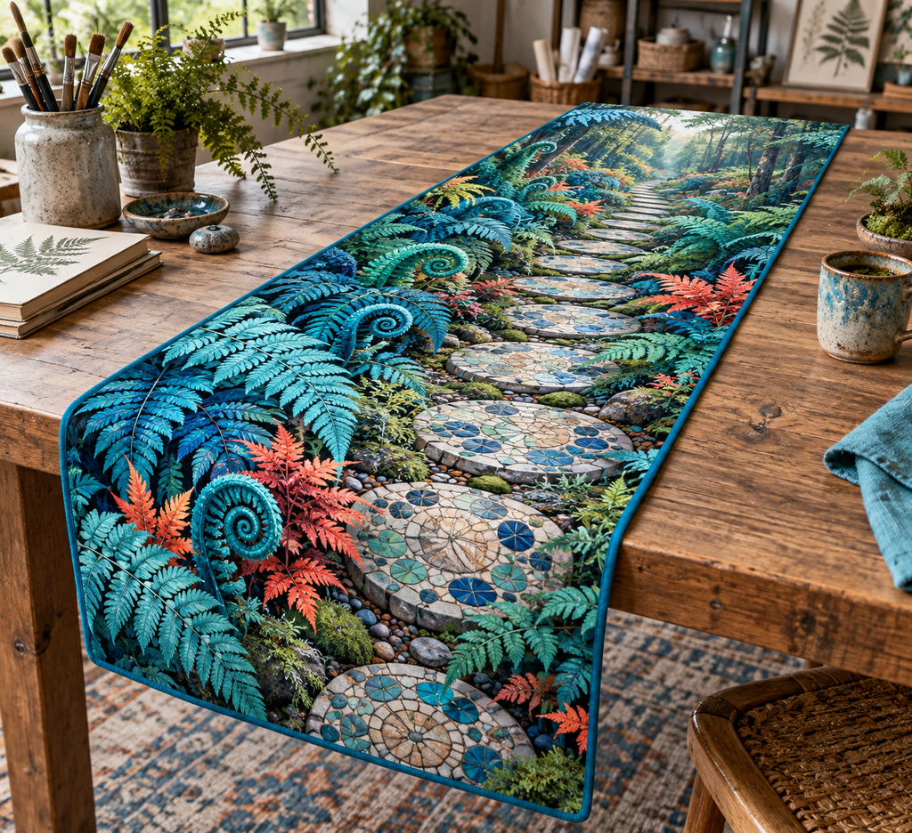 Fern Forest Floor Studio Table Runner with flat printed optical 3D turquoise fern spirals, coral leaves and mosaic woodland path