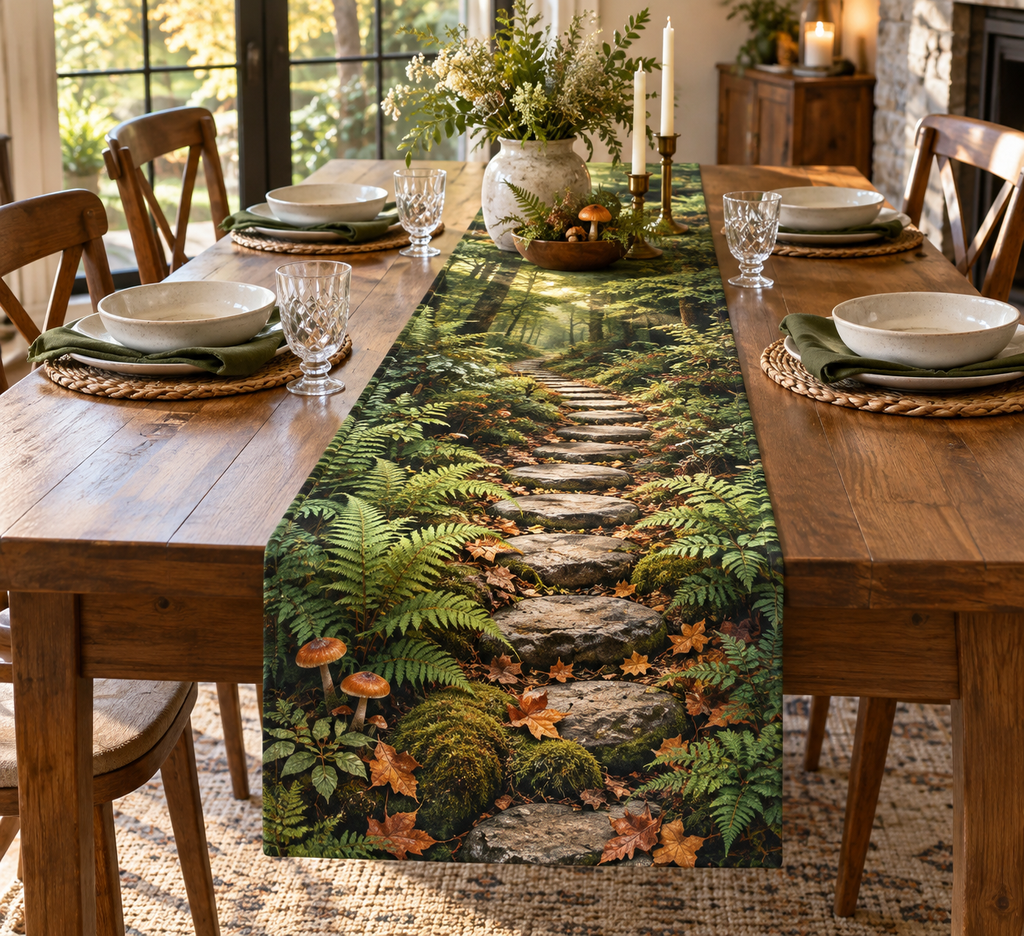 Fern Forest Host Gift Table Runner with flat printed optical 3D emerald ferns, amber leaves and woodland trail