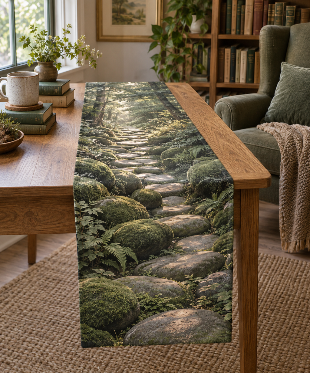 Moss and Stones Nook Table Runner with flat printed optical 3D green moss, river stones and winding path