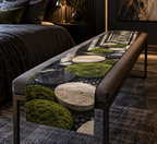 Moss and Stones Bedroom Table Runner with flat printed optical 3D jade moss, travertine stones and geometric path