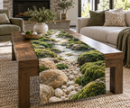 Moss and Stones Living Room Table Runner with flat printed optical 3D malachite moss, sandstone and receding riverbed