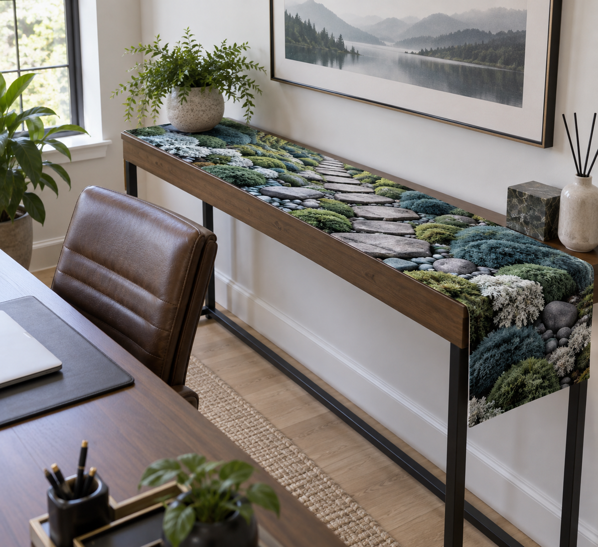 Moss and Stones Office Table Runner with flat printed optical 3D blue-green moss, gray river stones and flagstone path