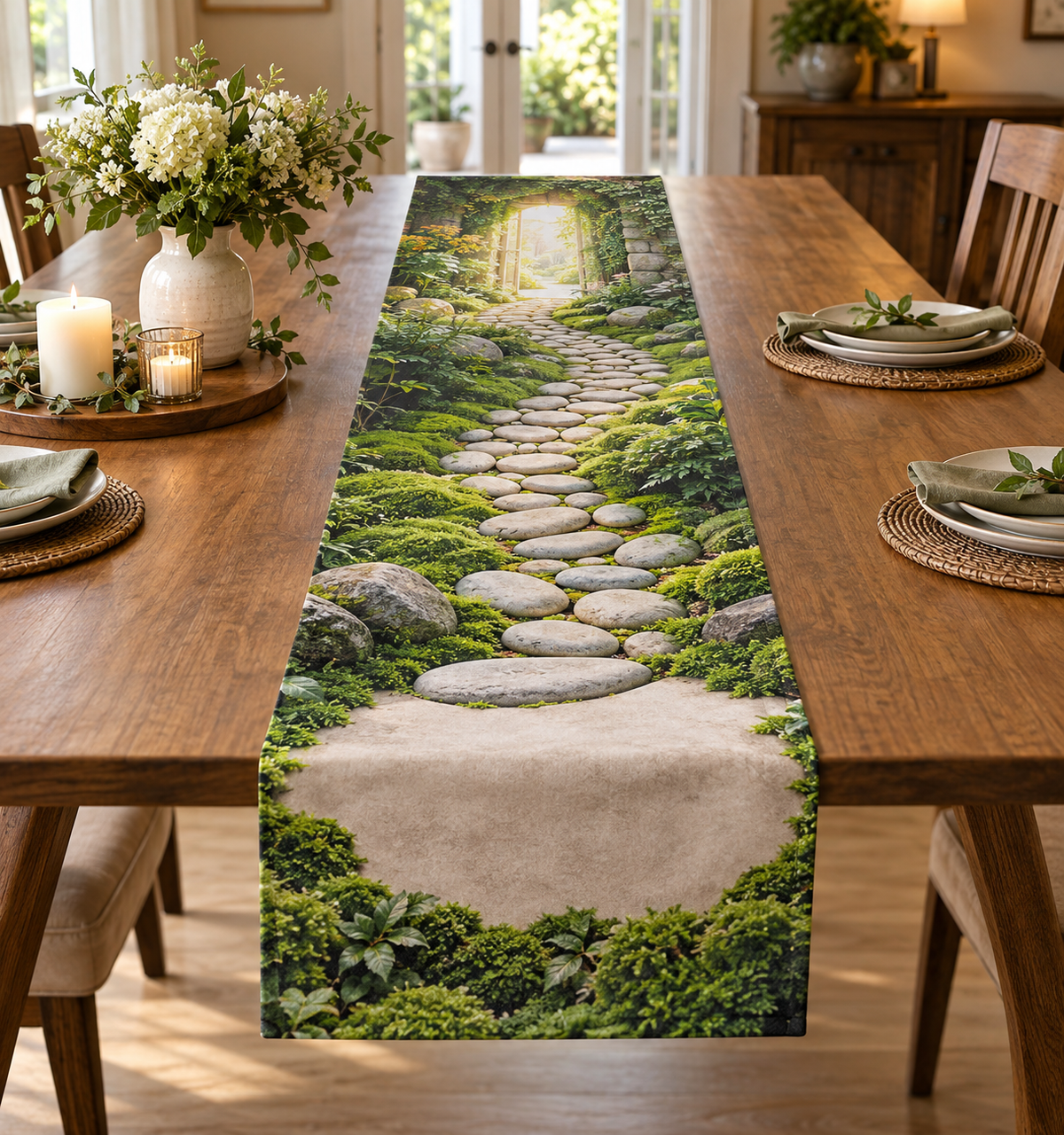 Moss and Stones Housewarming Table Runner with flat printed optical 3D green moss, river stones and homeward path; customer family name added after ordering