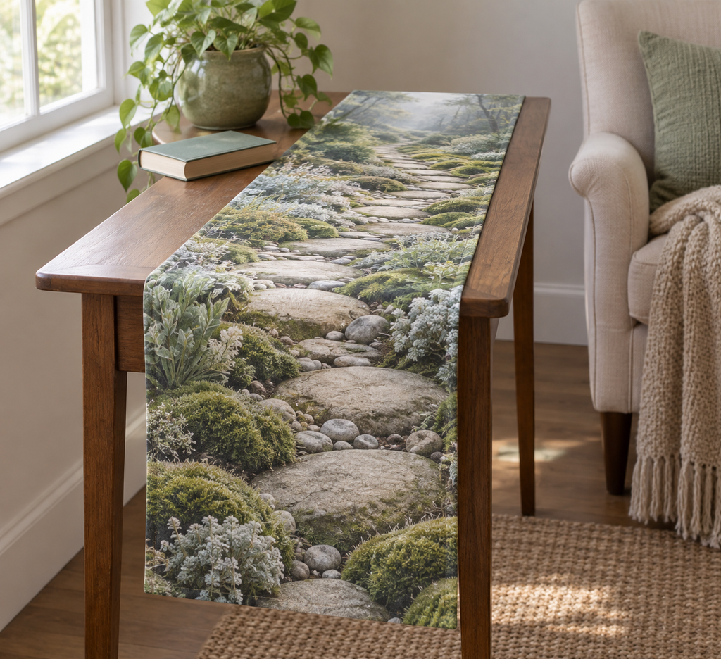 Moss and Stones Quiet Corner Table Runner with flat printed optical 3D sage moss, pale pebbles and gentle flagstone path