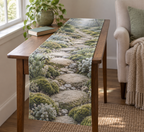 Moss and Stones Quiet Corner Table Runner with flat printed optical 3D sage moss, pale pebbles and gentle flagstone path