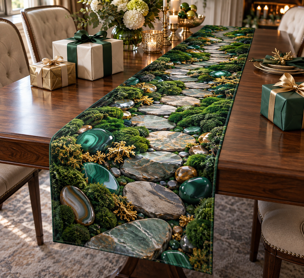 Moss and Stones Collector Table Runner with flat printed optical 3D jewel-toned moss, polished stones and gallery path
