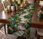 Moss and Stones Collector Table Runner with flat printed optical 3D jewel-toned moss, polished stones and gallery path