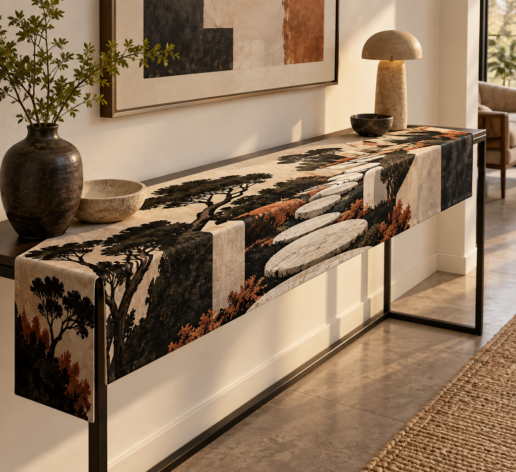Moss and Stones Gallery Table Runner with flat printed optical 3D charcoal moss, pale stones and courtyard path