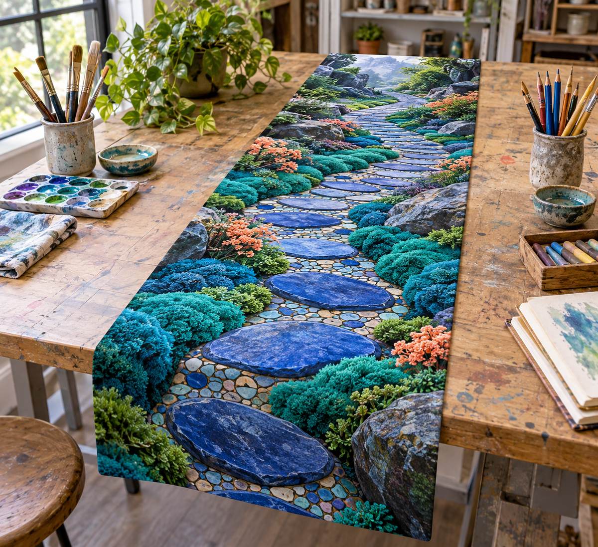 Moss and Stones Studio Table Runner with flat printed optical 3D teal moss, cobalt stones and mosaic path