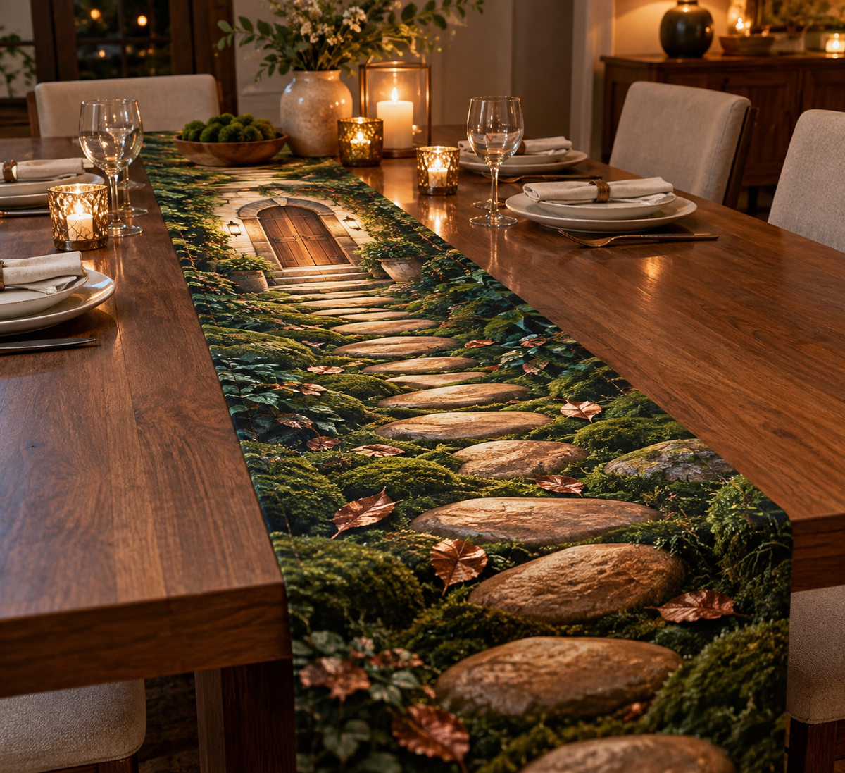 Moss and Stones Host Gift Table Runner with flat printed optical 3D forest moss, honey stones and homeward path
