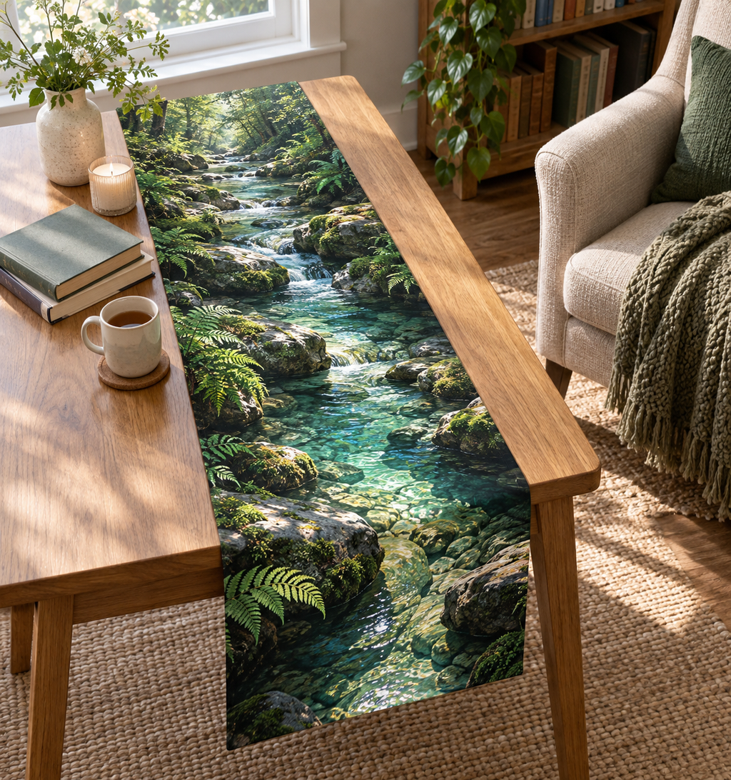 Forest Stream Nook Table Runner with flat printed optical 3D turquoise forest stream, mossy stones and fern shadows