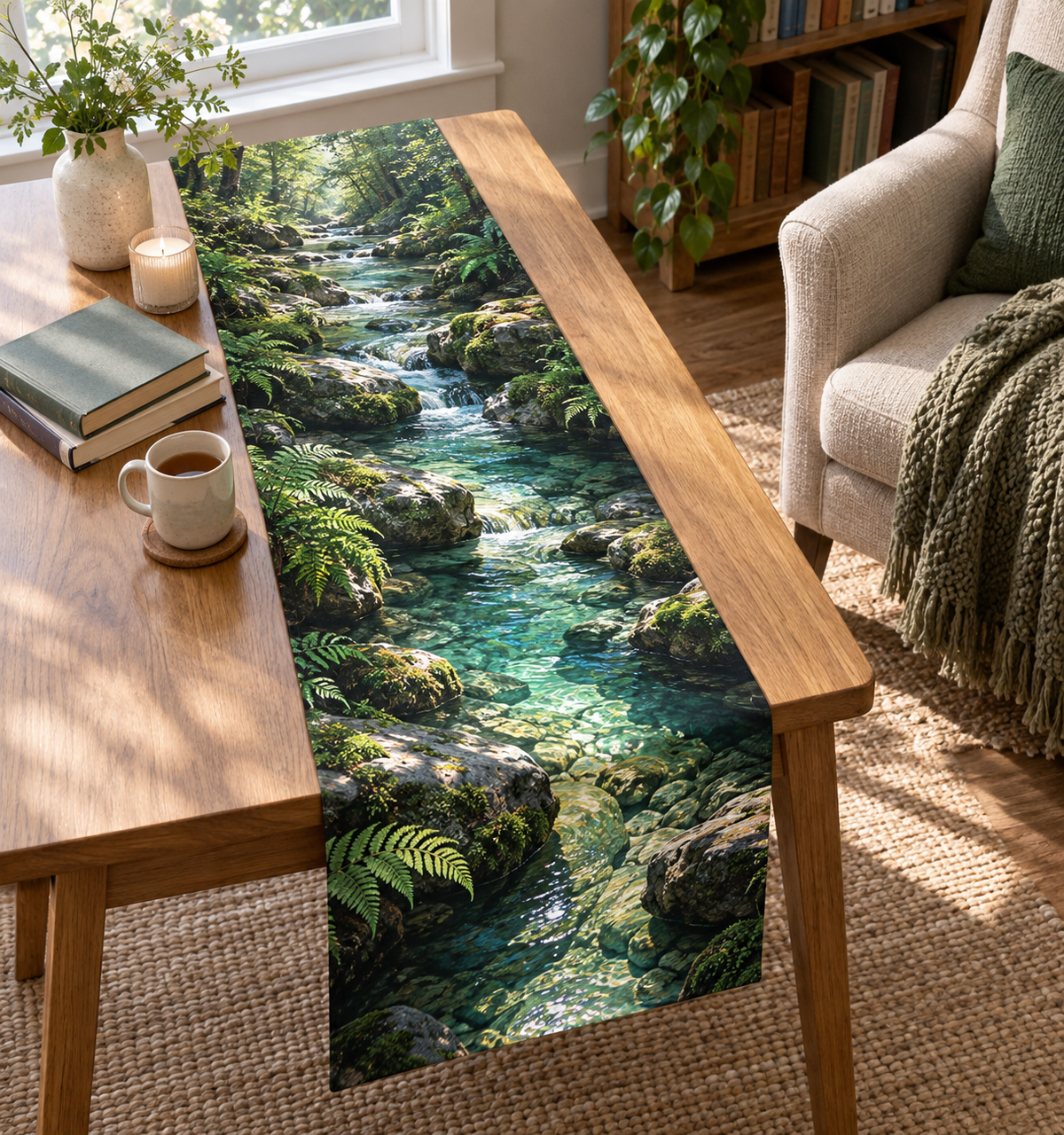 Forest Stream Nook Table Runner with flat printed optical 3D turquoise forest stream, mossy stones and fern shadows