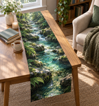 Forest Stream Nook Table Runner with flat printed optical 3D turquoise forest stream, mossy stones and fern shadows