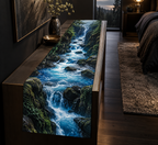 Forest Stream Bedroom Table Runner with flat printed optical 3D cobalt forest stream, emerald rocks and plunging creekbed