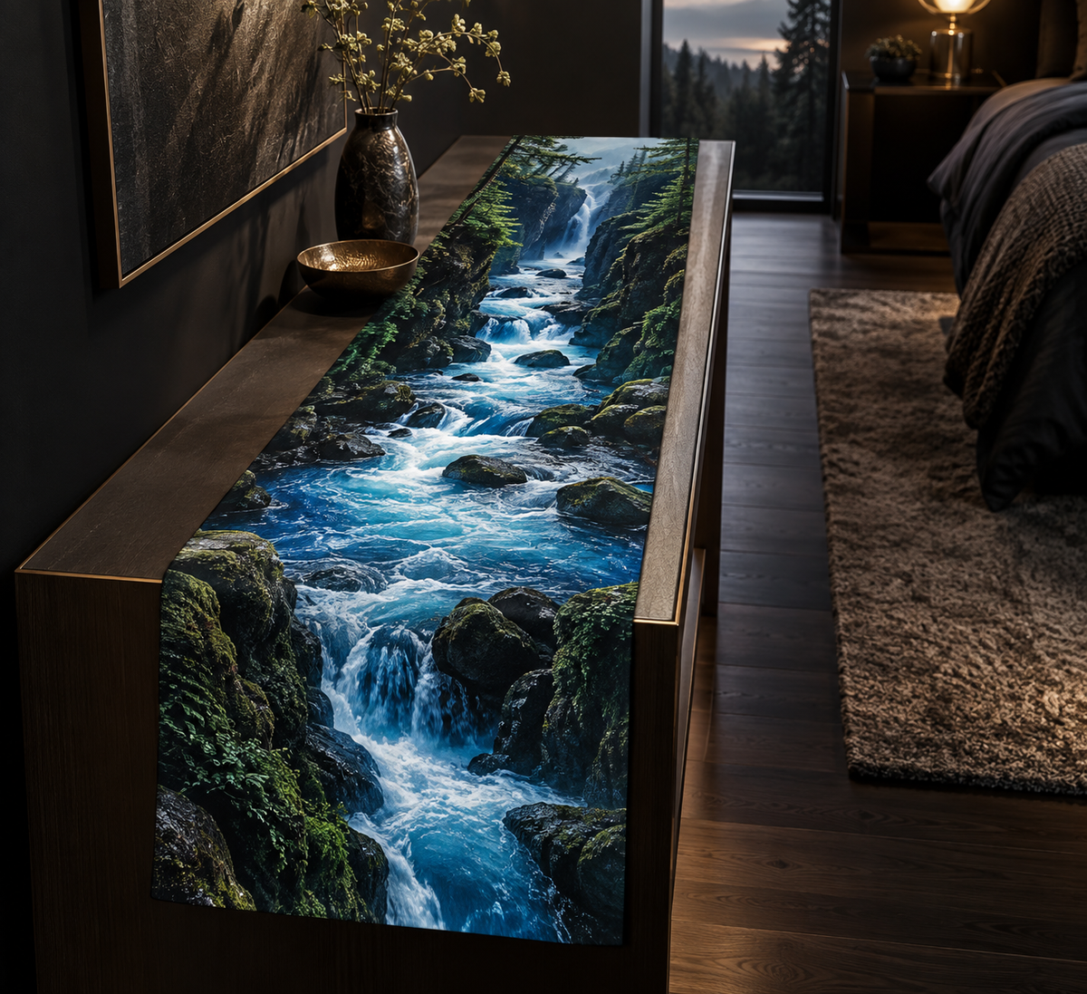 Forest Stream Bedroom Table Runner with flat printed optical 3D cobalt forest stream, emerald rocks and plunging creekbed