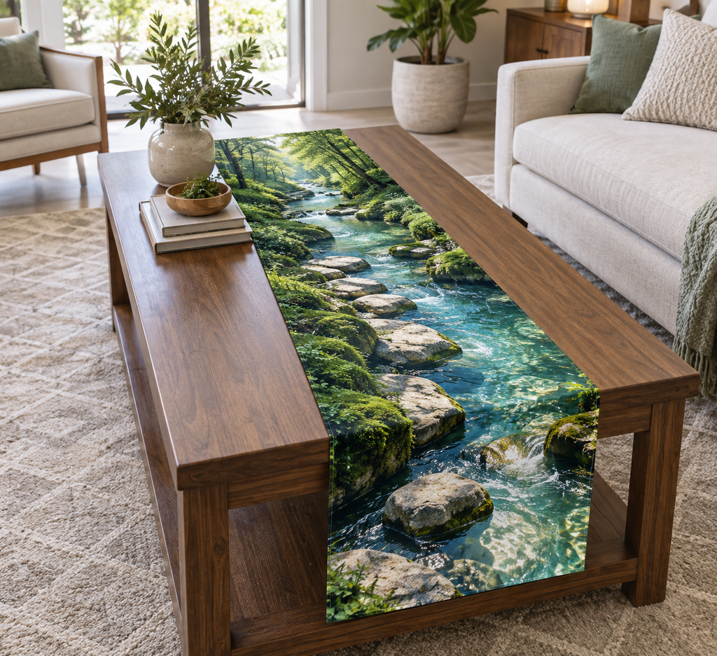 Forest Stream Living Room Table Runner with flat printed optical 3D azure forest stream, emerald banks and riverbed