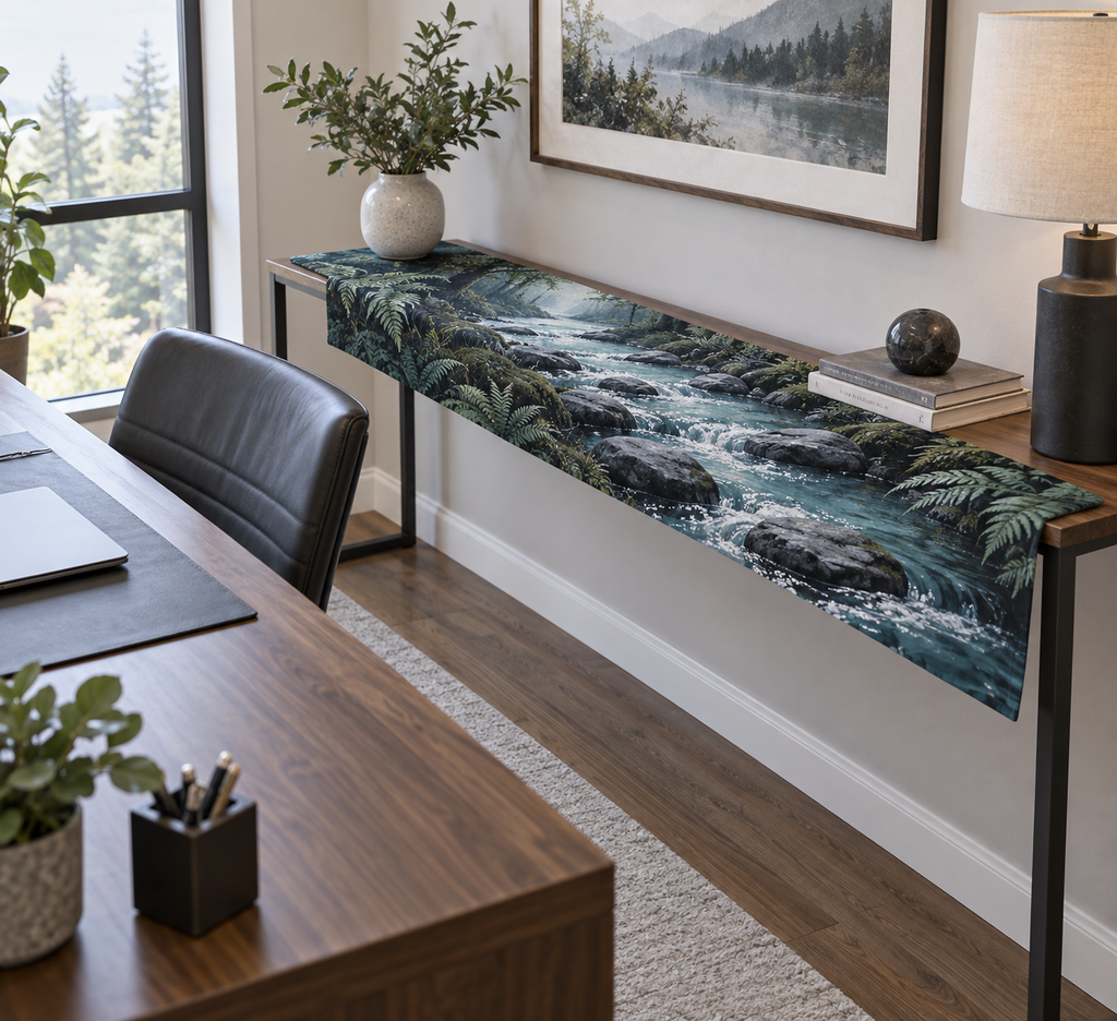 Forest Stream Office Table Runner with flat printed optical 3D teal forest stream, slate stones and sage banks
